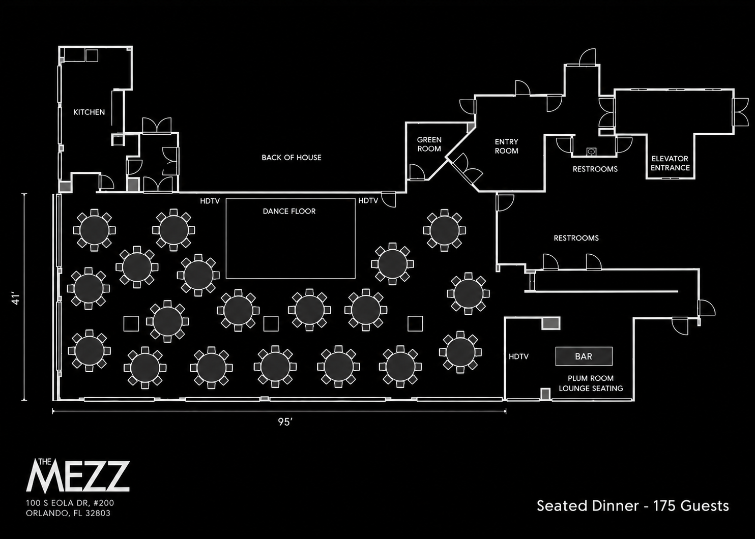 The MEZZ floor plan: seated dinner layout for 175 guests