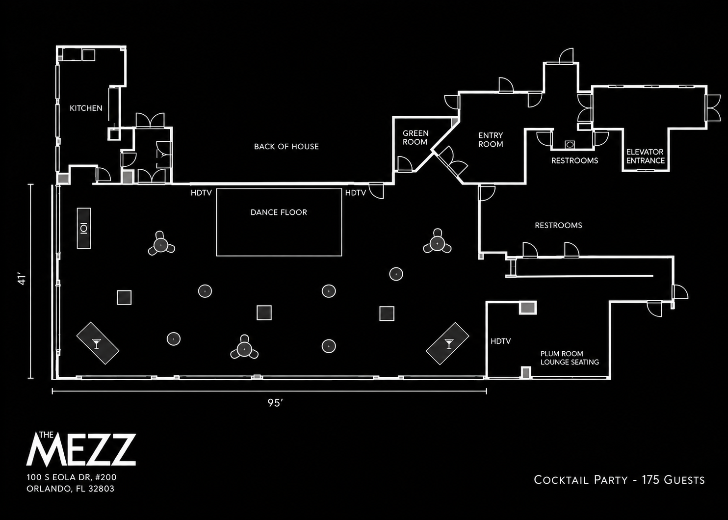 The MEZZ floor plan: cocktail party layout for 175 guests
