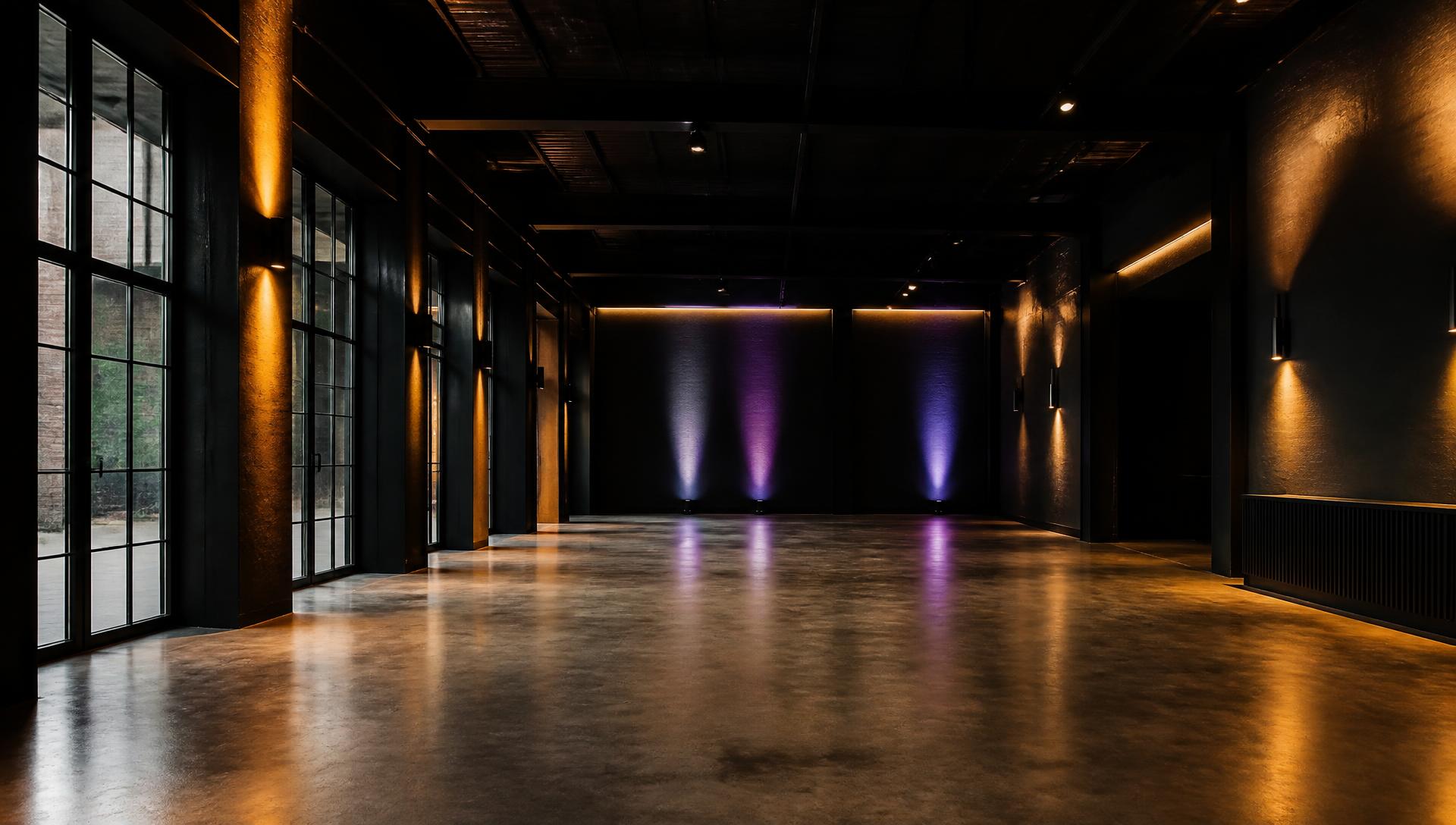 The main event space at The MEZZ transformed for a themed seated dinner, with plum linens, chandeliers and colour-lit architectural columns